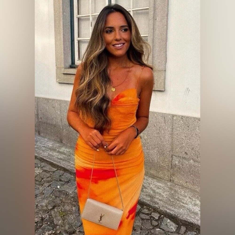 🧡💛NWT ZARA DRAPED PRINTED TULLE DRESS, SIZE L